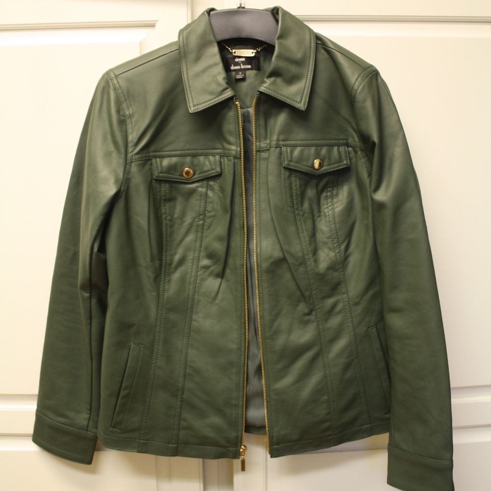 Dennis Basso fern-colored faux leather jacket